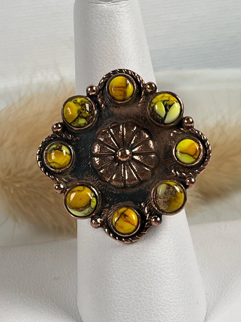 Solid Copper Medallion Statement Ring Honey Dahlia Gemstone Size 7 Adjustable